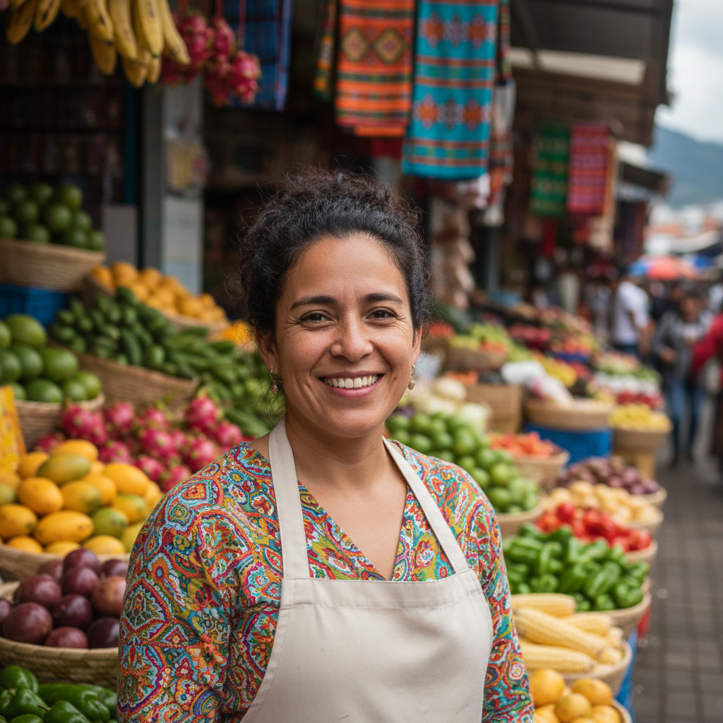 Comerciante colombiana sonriente en tienda bien iluminada con productos en estantes