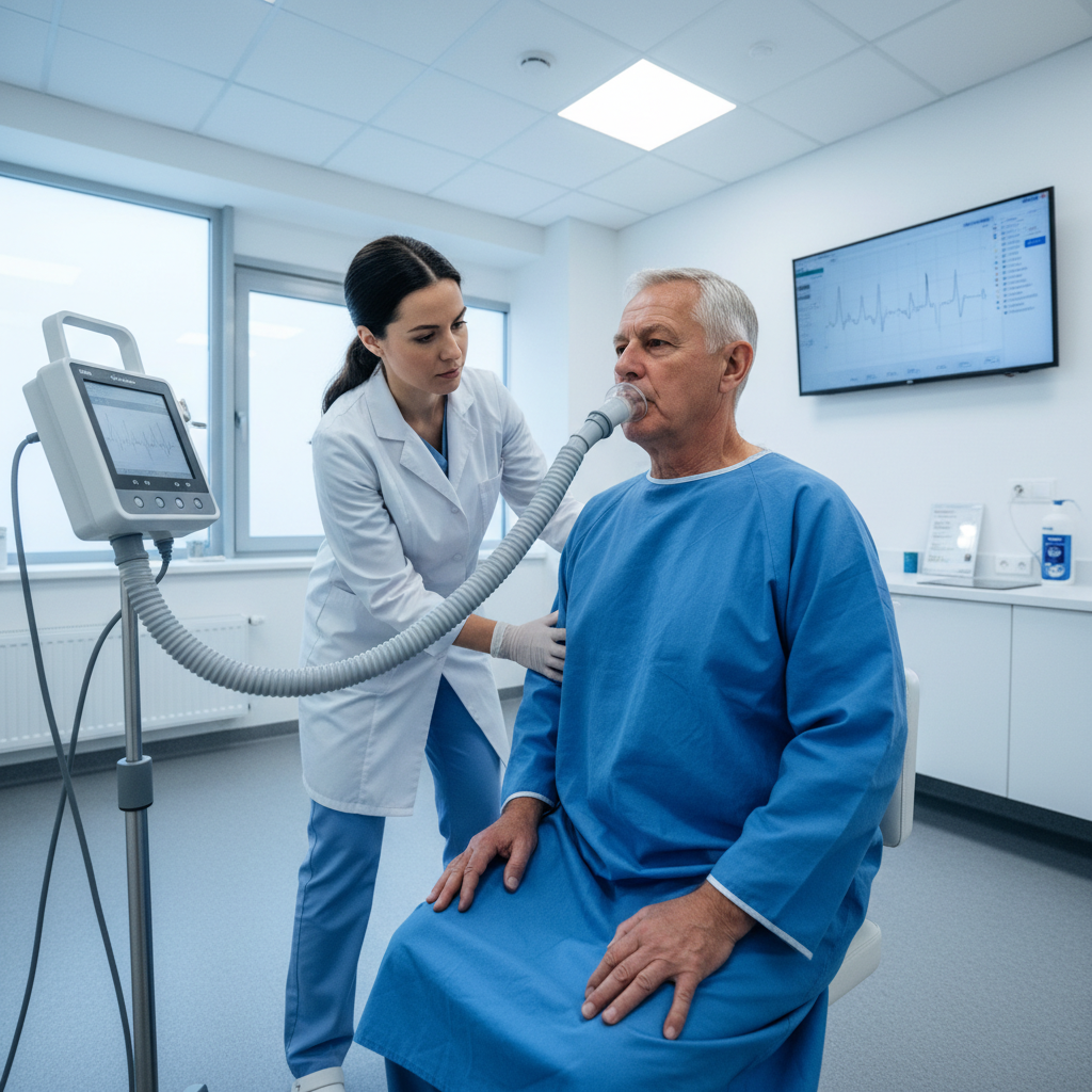 Doctor examining elderly patient with breathing difficulty for COPD management