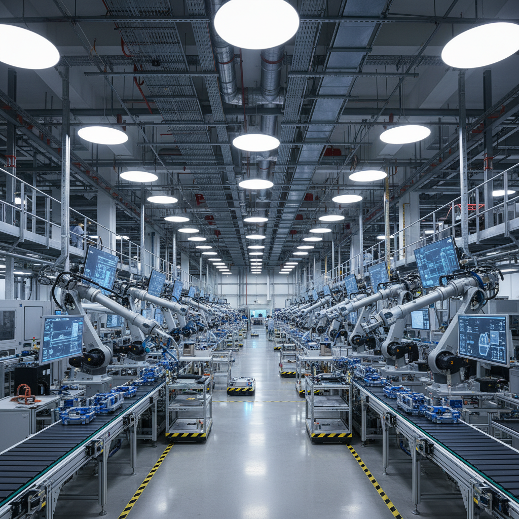 Modern manufacturing plant with clean production floor, machinery and safety markings under industrial lighting