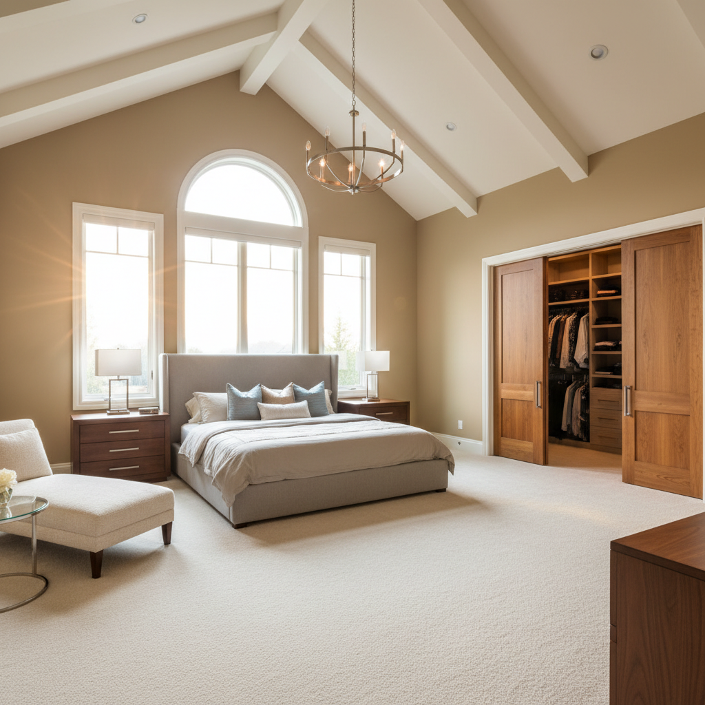 Primary bedroom suite with vaulted ceiling and walk-in closet