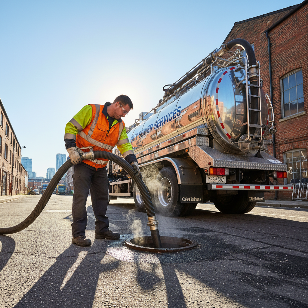Drain technician in high-visibility vest operating vacuum tanker hose at industrial worksite