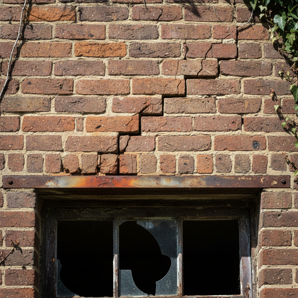 Stair-step crack pattern in brick above window opening caused by rusting and expanding steel lintel