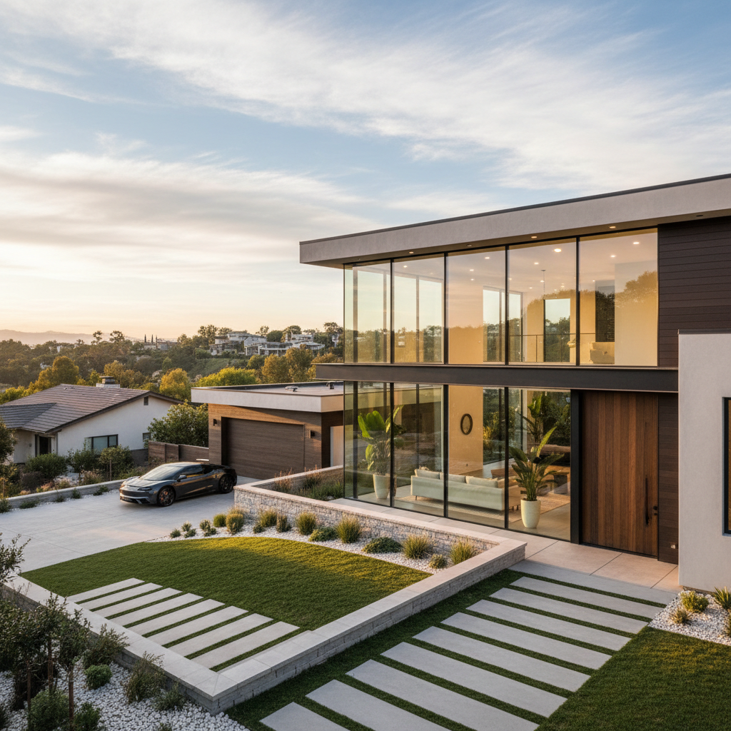 Large double-glazed window in modern home with suburban garden view and bright daylight