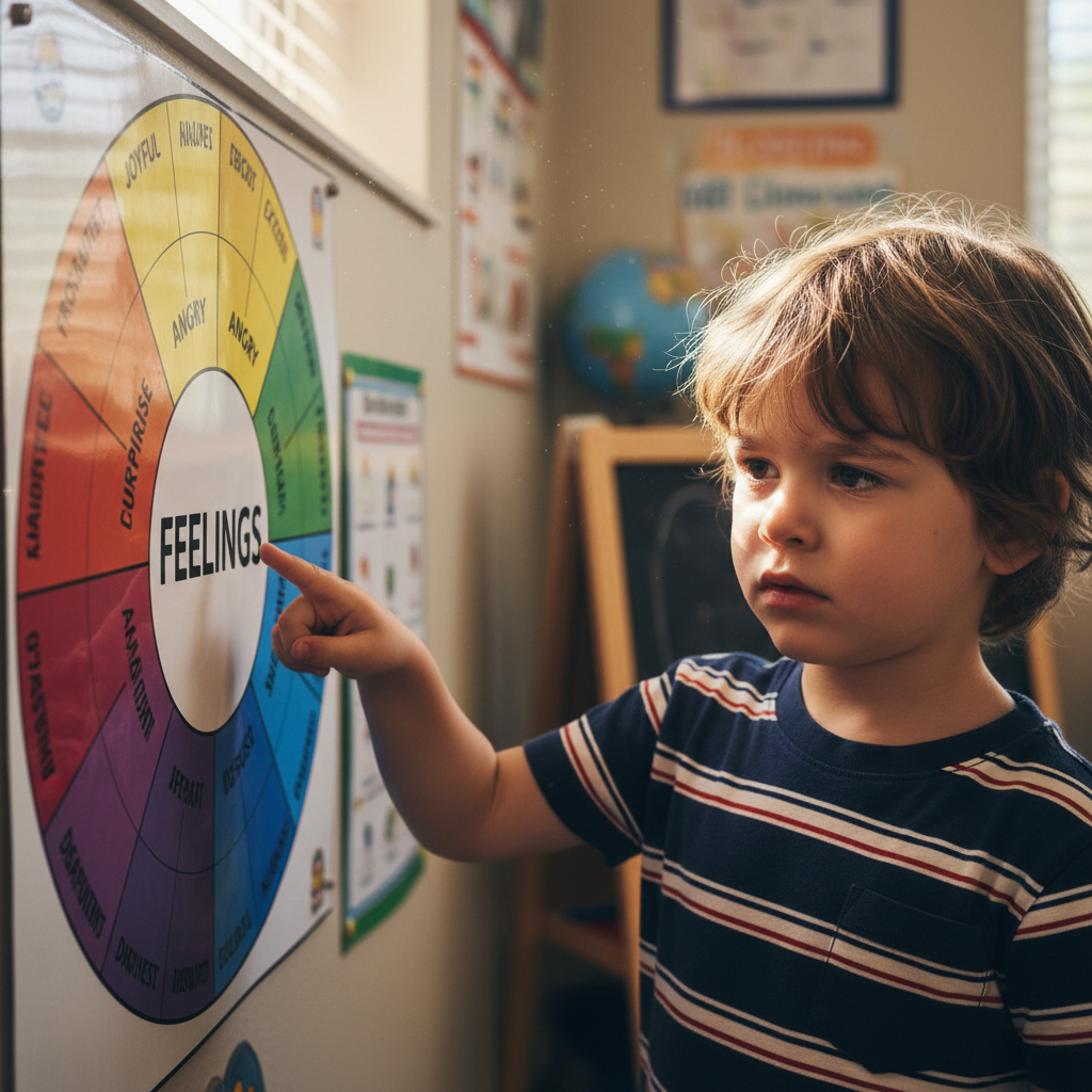 Child pointing to a colorful feelings wheel poster on a classroom wall, looking thoughtful
