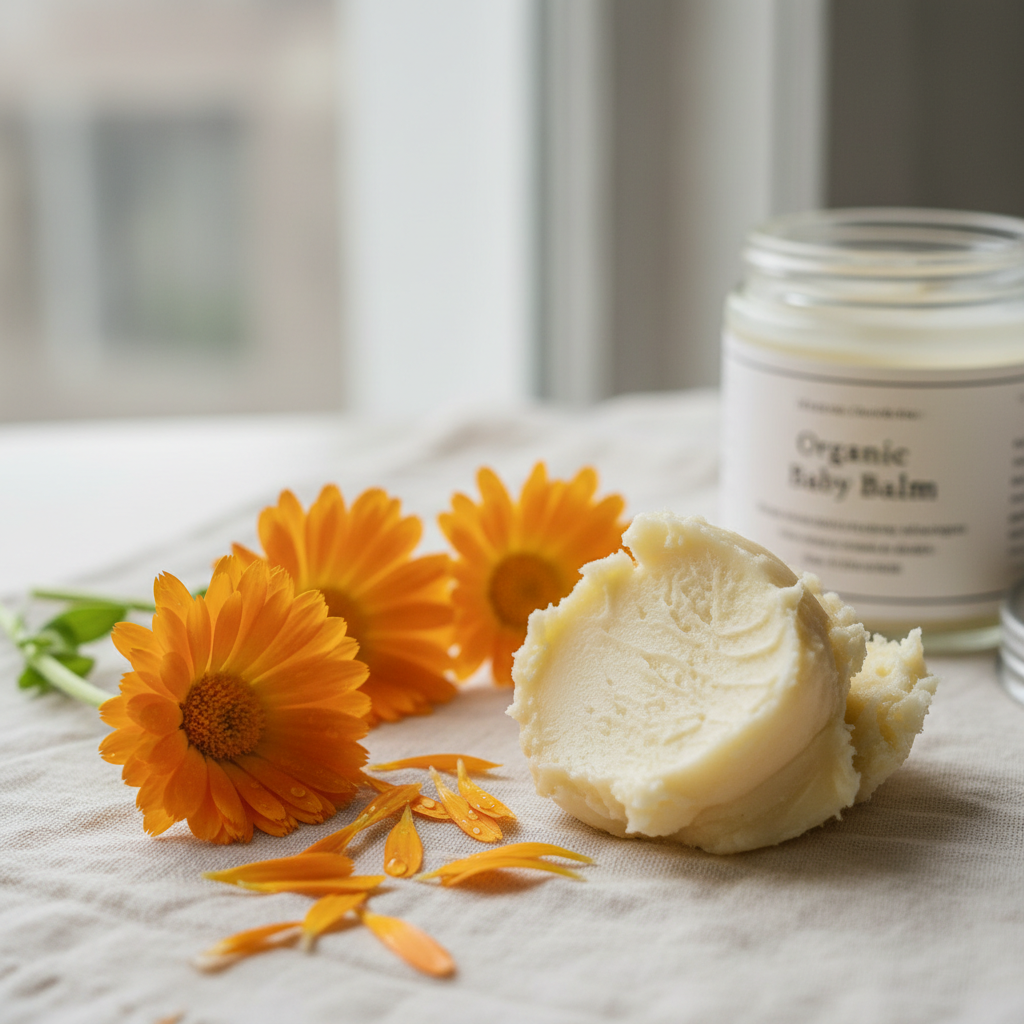 Calendula flowers and shea butter in natural light for organic baby balm