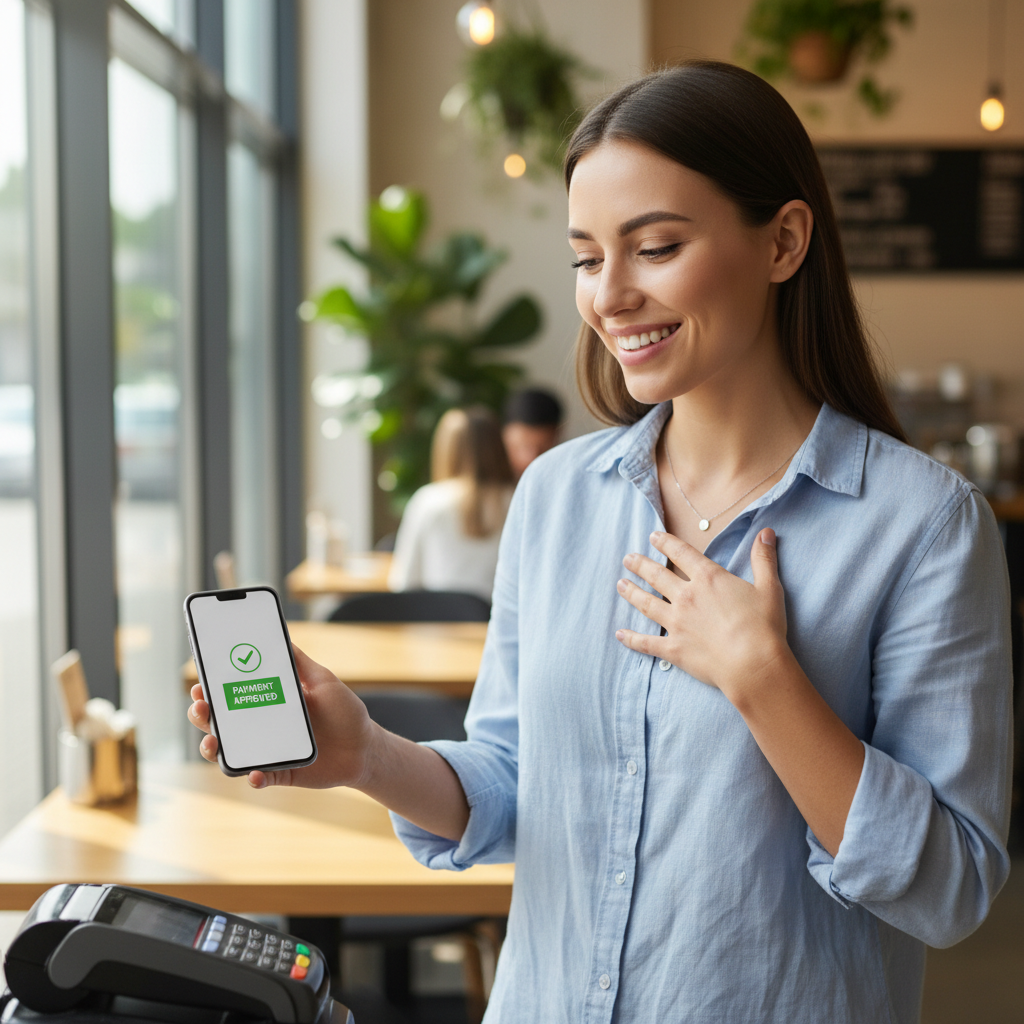 Person using mobile payment app on smartphone in bright coffee shop