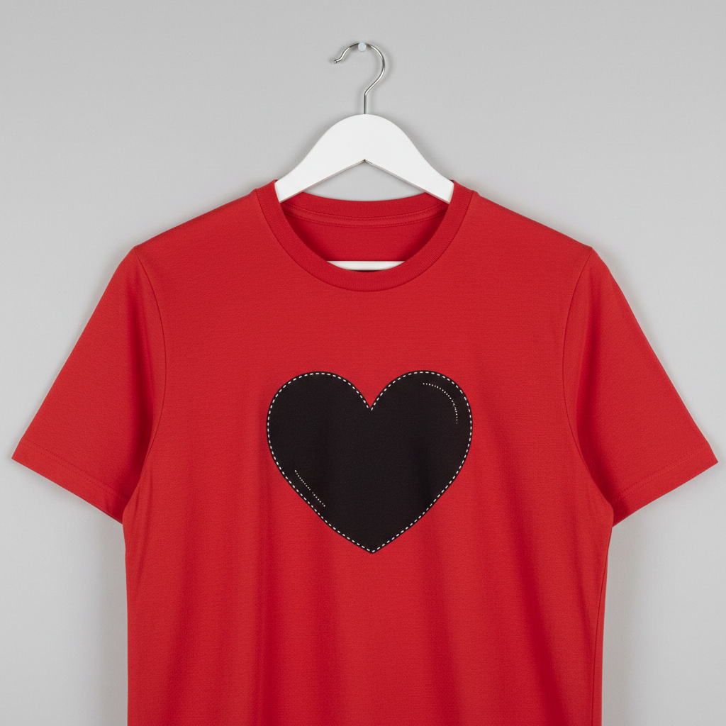 Plain red t-shirt with printed heart on a white hanger — basic Valentine outfit