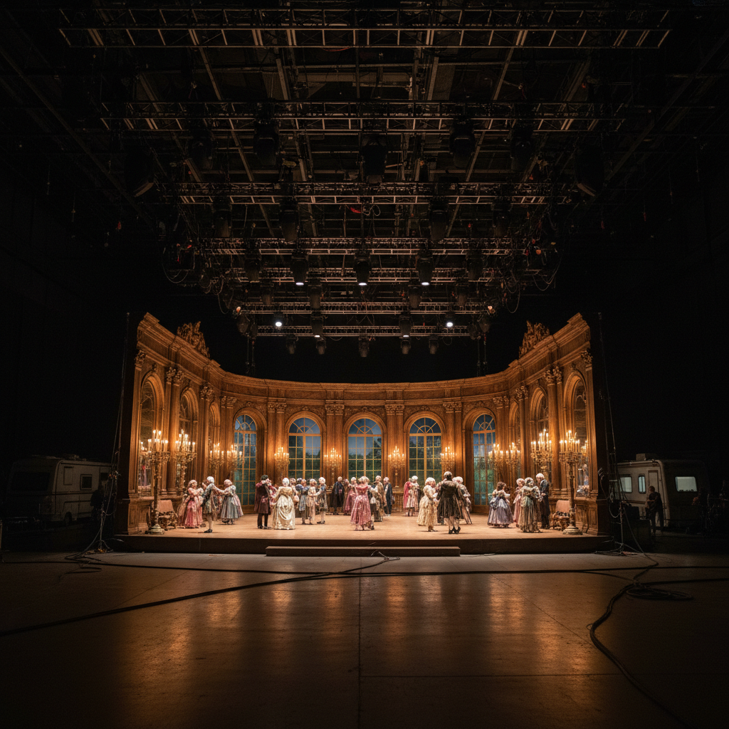 Television production set with moody interior lighting and period costumes