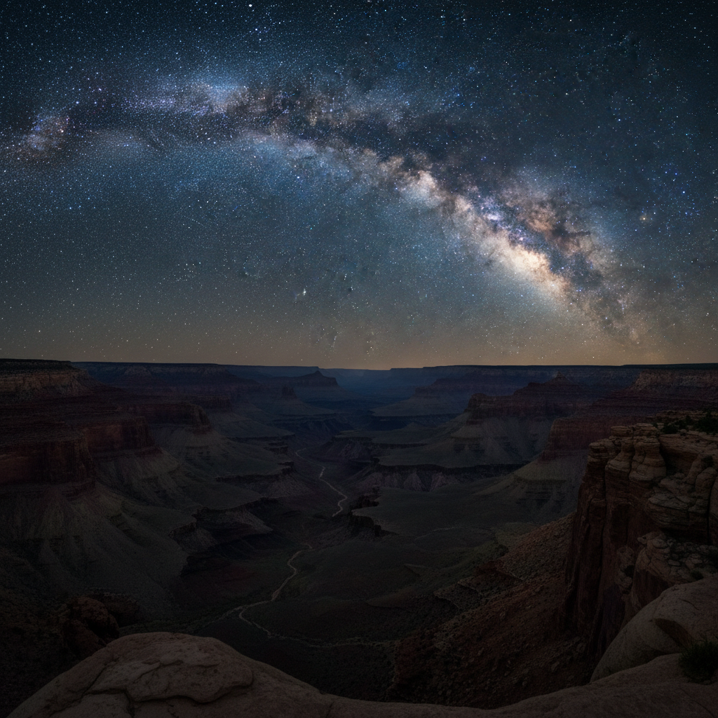 Night view of canyon under Milky Way stars, deep canyon shadows with faint light on distant mesa formations