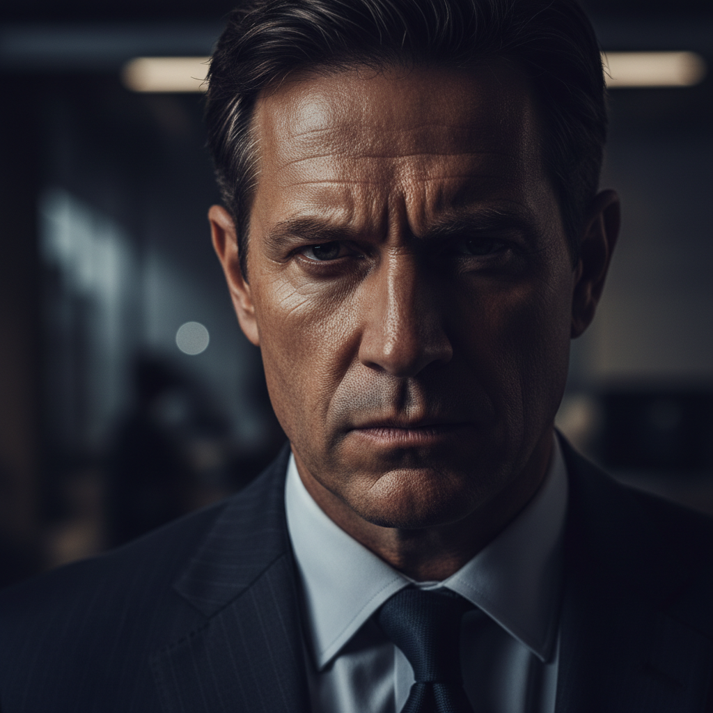 Thought leader in dark dramatic portrait, low-key moody lighting, deep shadows, serious contemplative expression