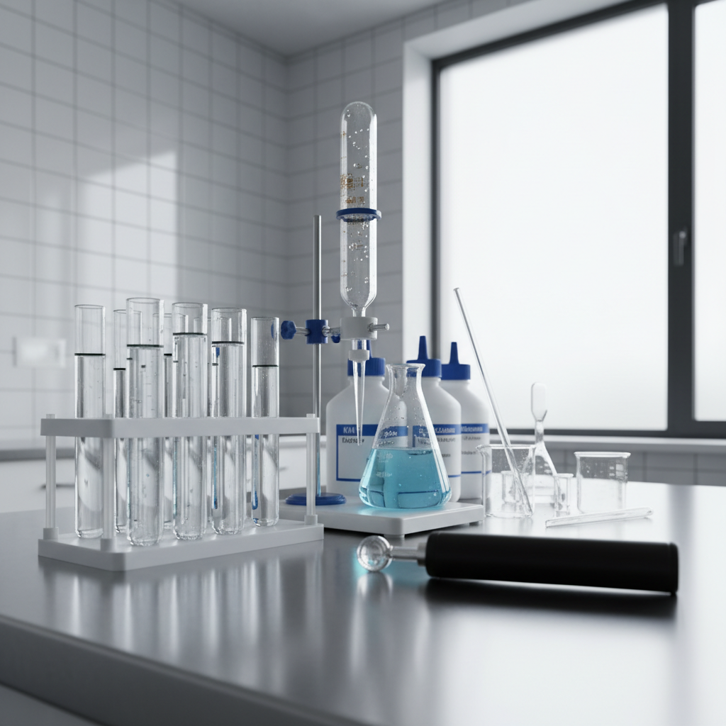 Saltwater mixing station with multiple test tubes, alkalinity titration kit, and refractometer on lab bench