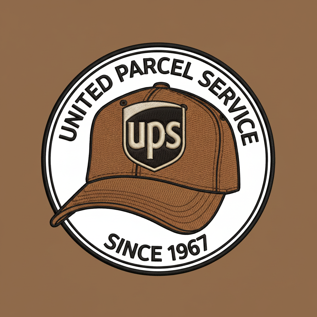 Close-up UPS shield logo embroidered on brown uniform cap bill showing curved thread paths
