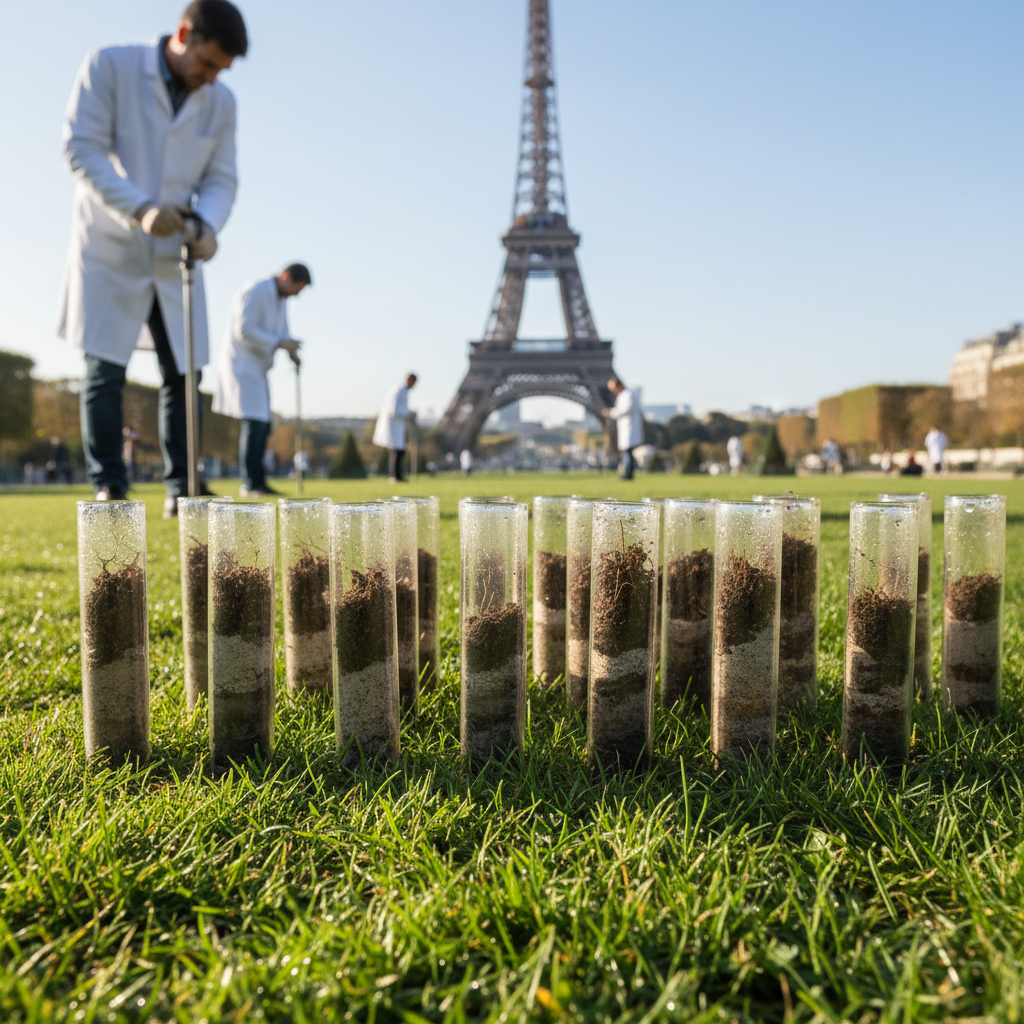 Prélèvement de carotte de sol dans une pelouse parisienne, tubes de laboratoire alignés sur l'herbe