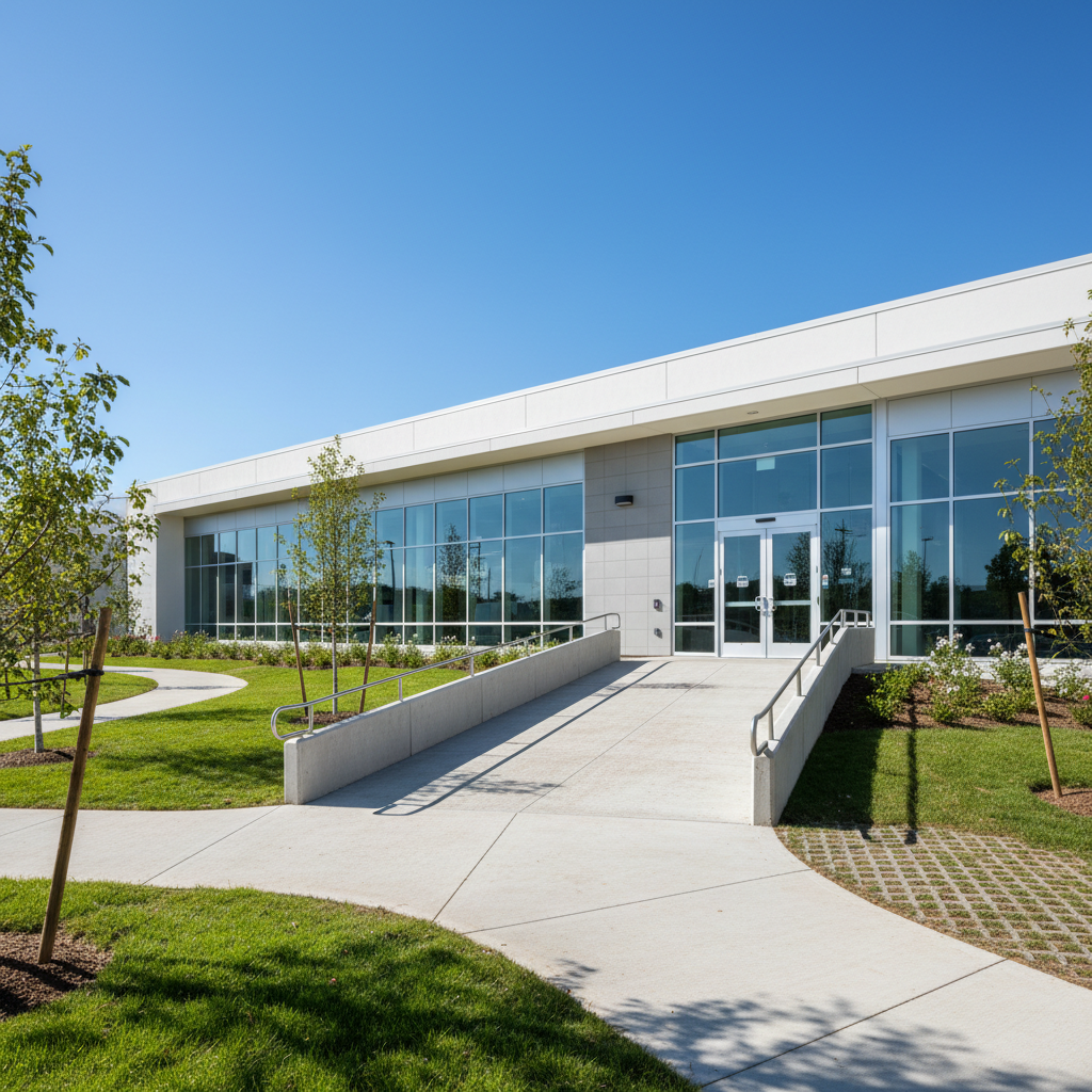 A newly constructed community facility building with clean walls and accessible entrance in a South African township setting with bright sky
