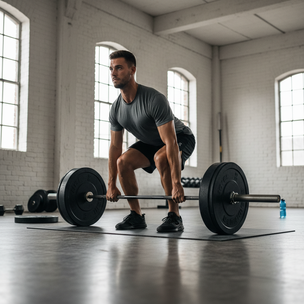 Athlete performing a Romanian deadlift with precise form in a minimalist gym, black and white