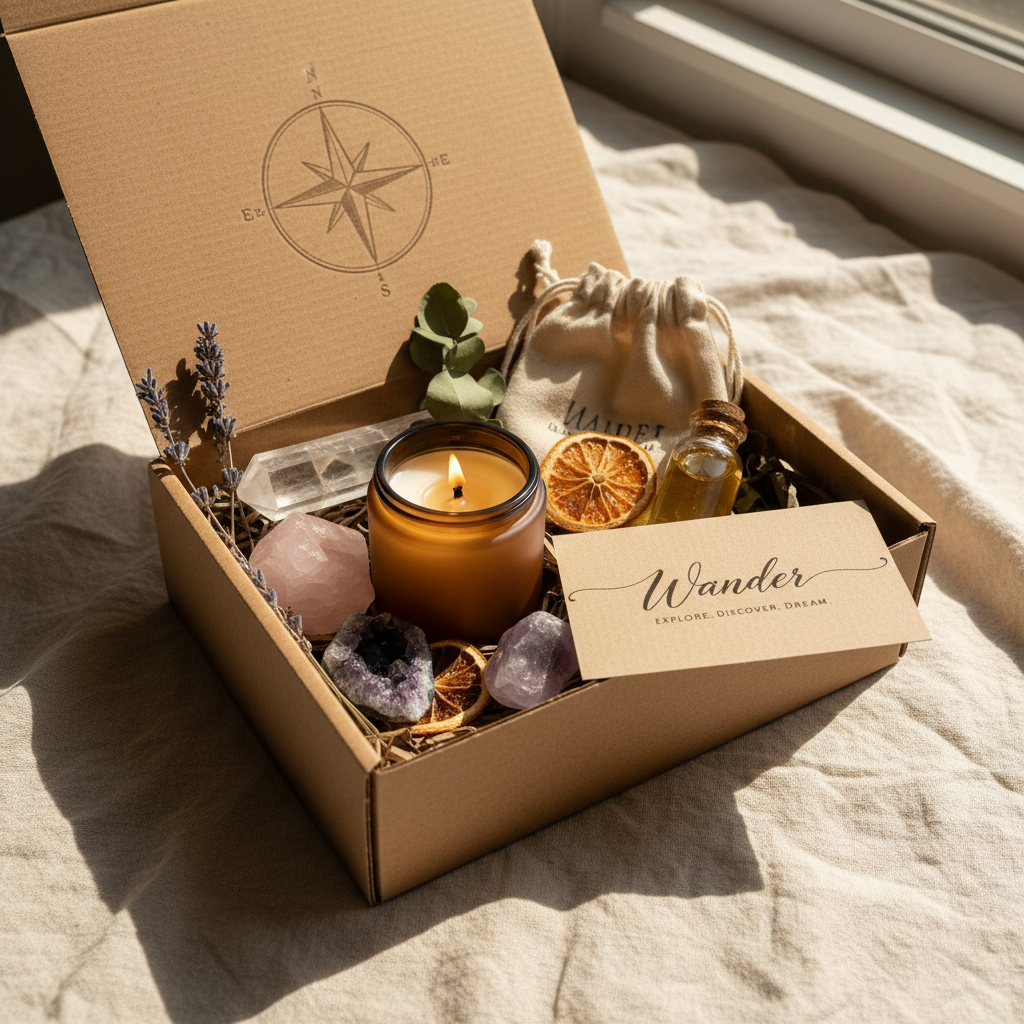 Beautifully arranged Wander subscription box contents on rumpled linen in warm afternoon light, including candles, crystals, and botanical items