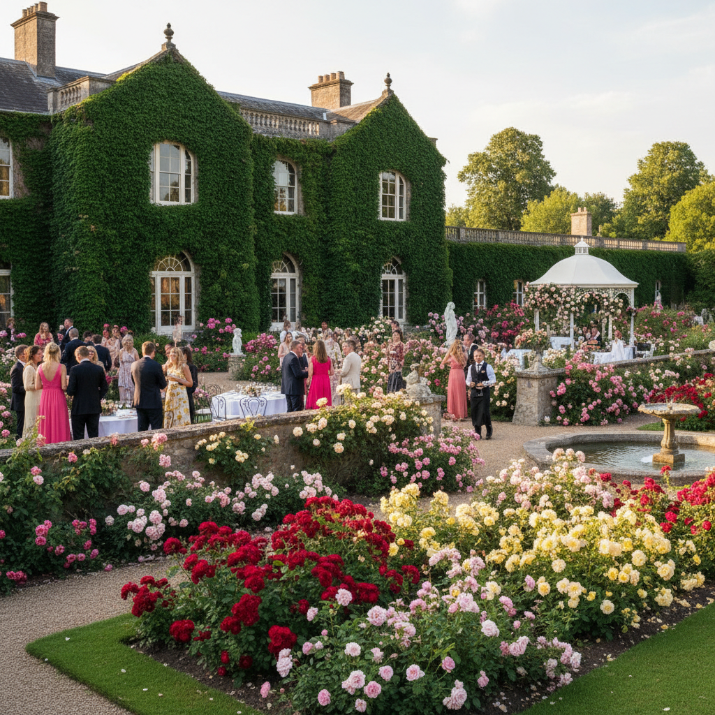 Grand ivy-covered estate reception at Ivywood with 155 guests in a walled rose garden at midsummer