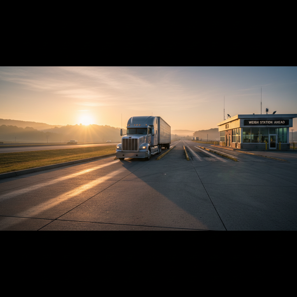 Semi truck rolling through a weigh station at sunrise, long shadow across the concrete platform