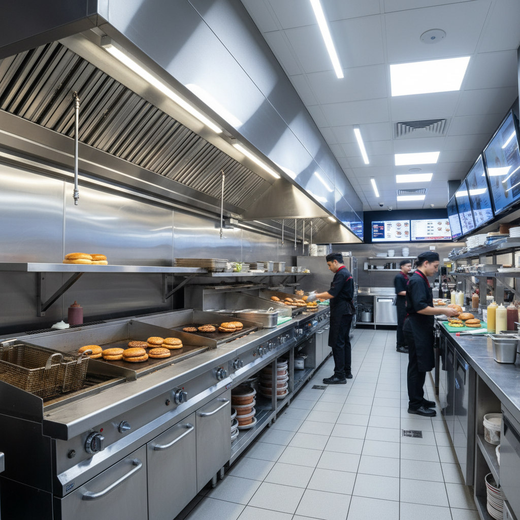 Bright commercial kitchen with new exhaust hood system, stainless steel surfaces, and LED lighting in a burger franchise