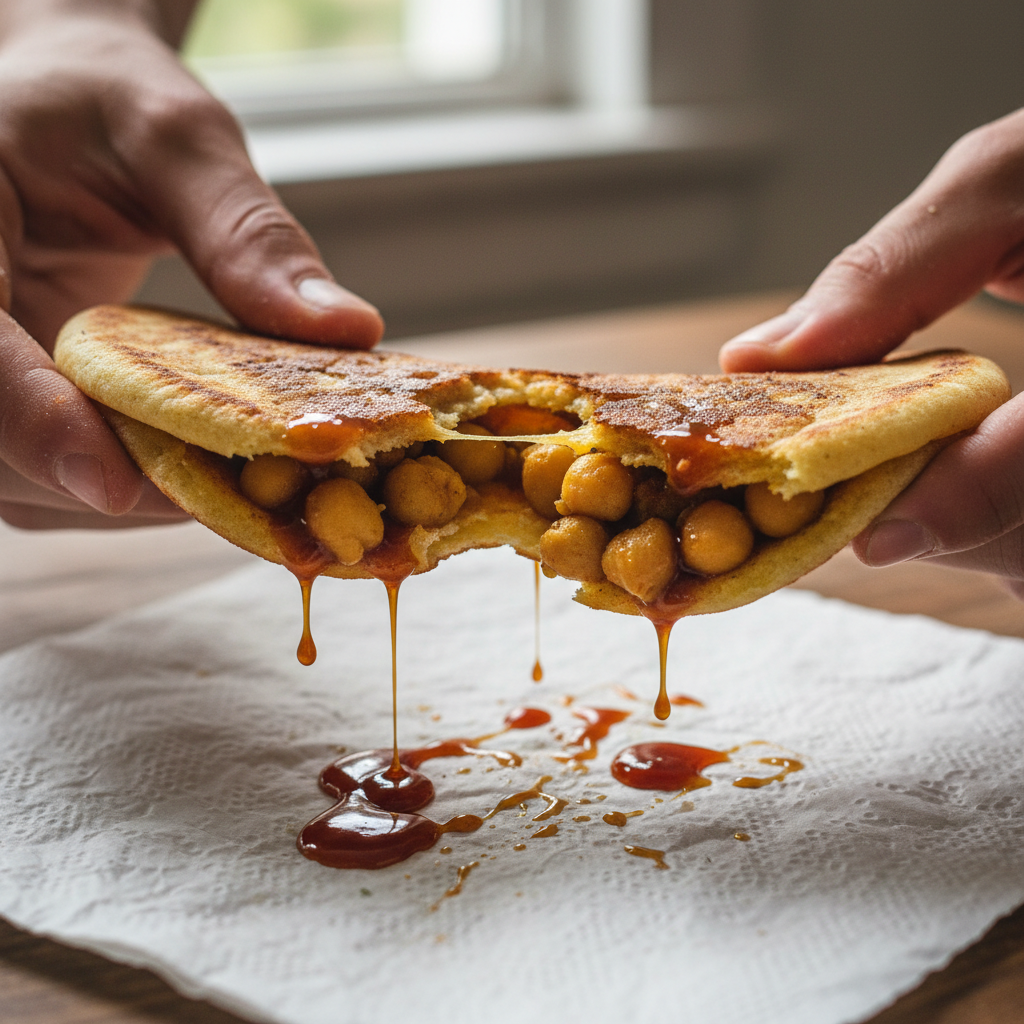 Hands pulling apart a doubles wrap over a paper napkin, sauce dripping