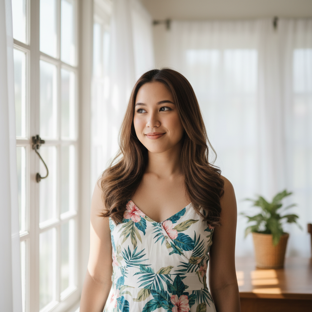 Young Filipino woman with long hair, warm outdoor daylight portrait