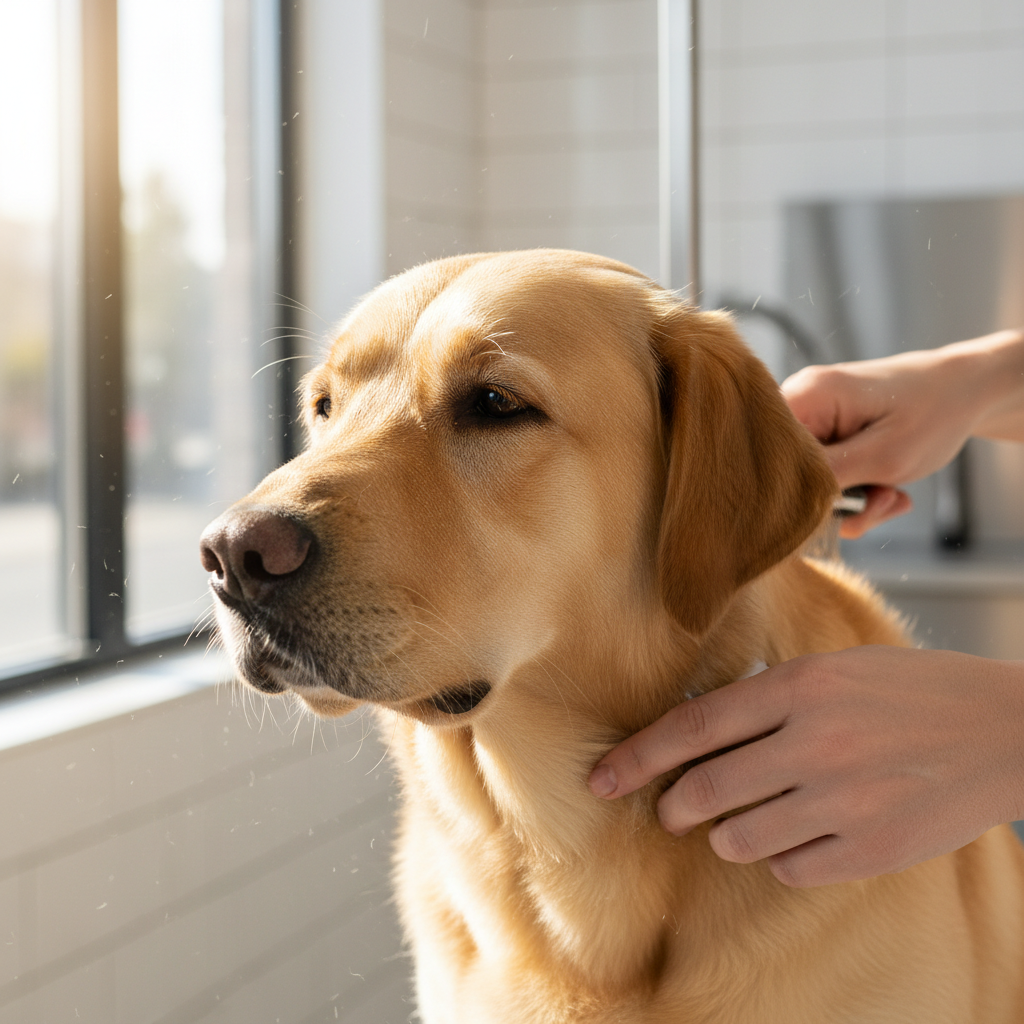 Groomer finishing brush-out on golden Lab, coat plush and gleaming