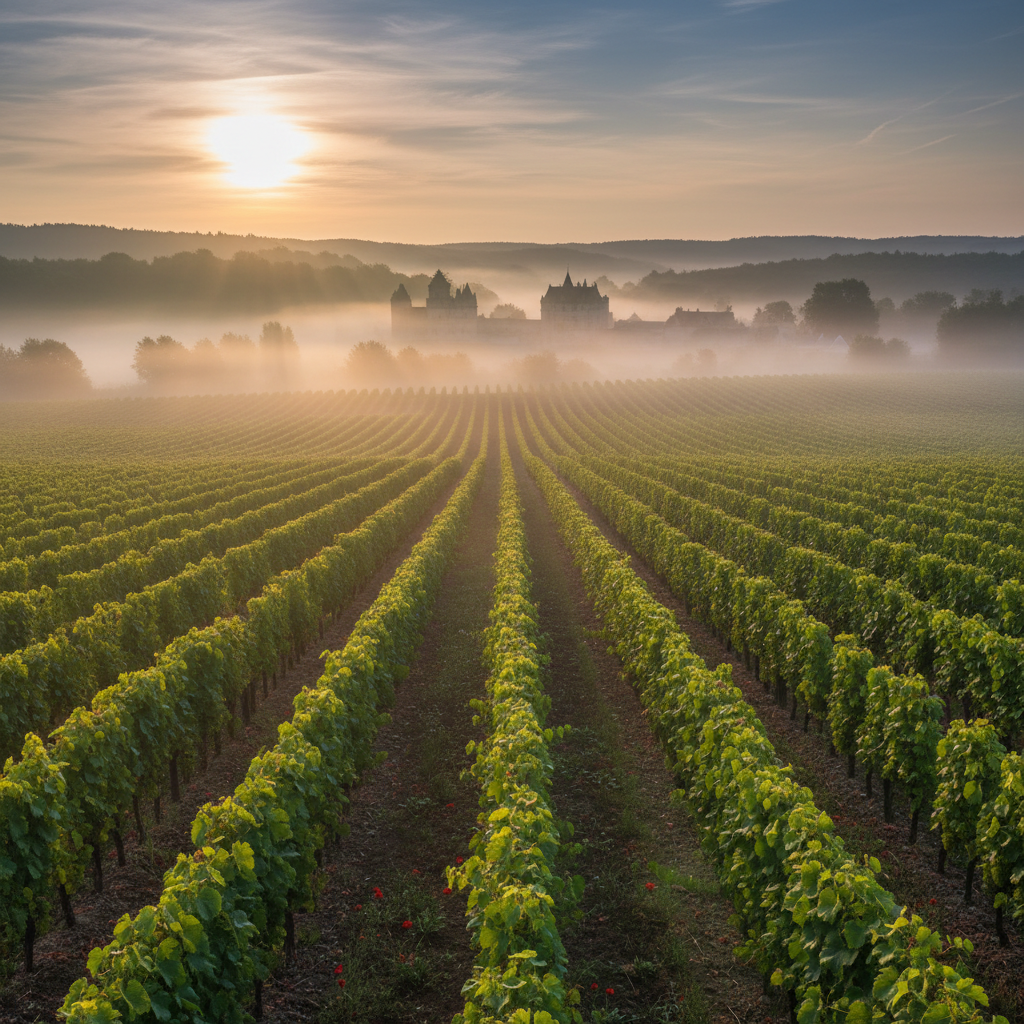 Vineyard rows at dawn with morning mist and golden sunrise over Bordeaux wine estate