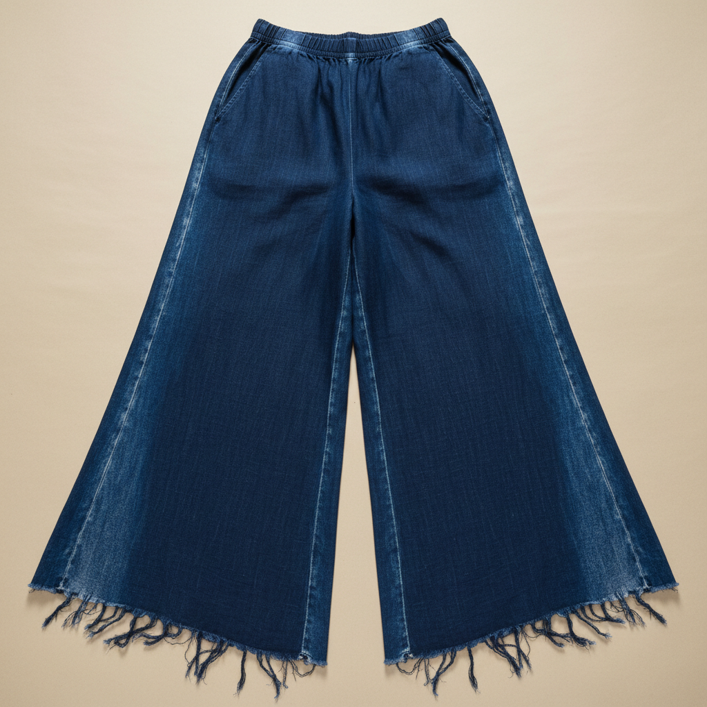 Wide-leg indigo-dyed linen trousers with raw hem, floating against parchment background