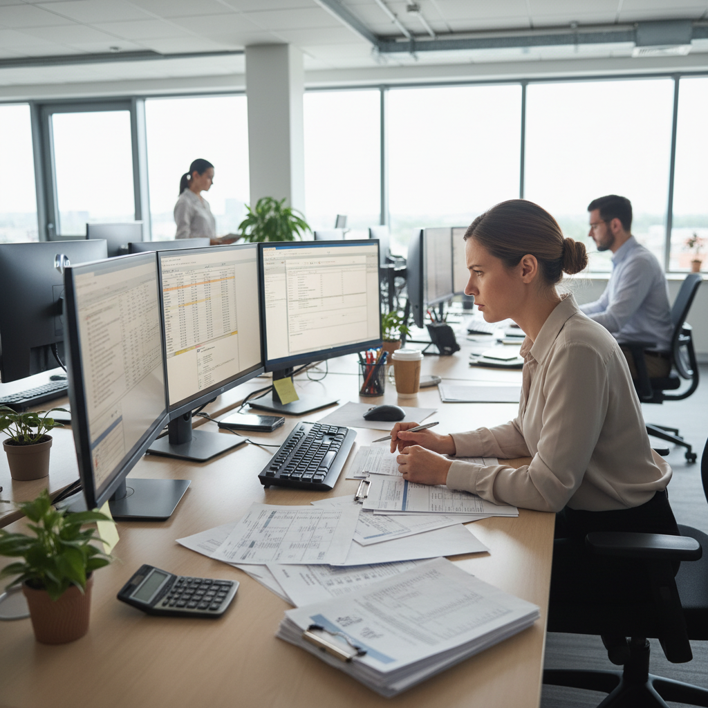 Professional working at organized desk with multiple monitors, bright clean modern office, focused and productive environment