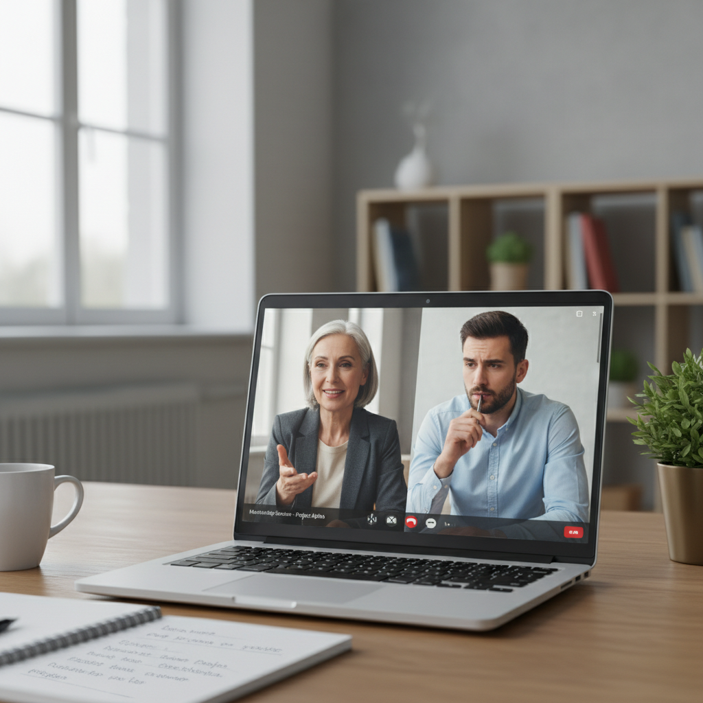 Mentor and mentee in a video call, mentor pointing at shared screen with portfolio work