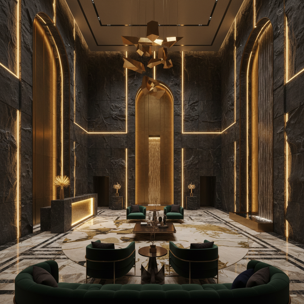 Grand luxury residence interior with dark walls, recessed gold lighting, minimal furniture — deep shadow atmospheric environment