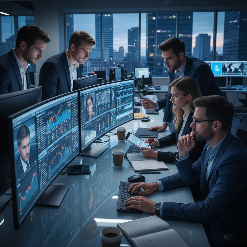 Financial services professionals reviewing investment portfolios and market data