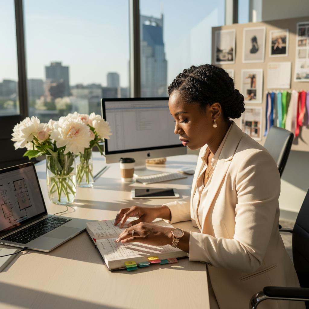 Young Black woman with natural hair, confident professional expression, creative workspace background