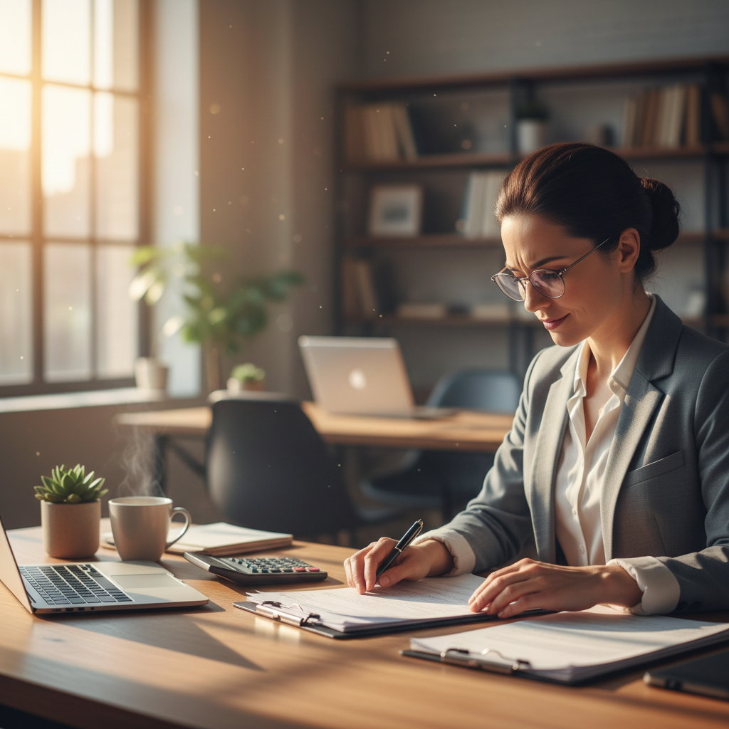 Professional accountant consulting with a business client across a desk, documents and laptop visible, warm office lighting, authoritative dark interior