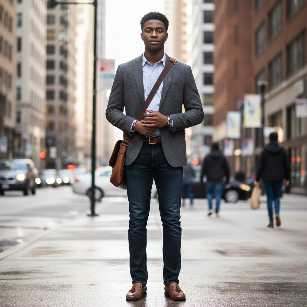 Devon, a young Black man in business casual attire, standing on a city sidewalk