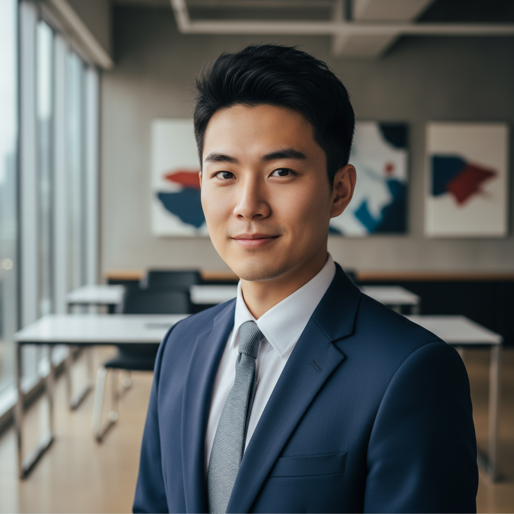 Professional headshot of Lu Bo-syong, Asian male founder with short black hair in charcoal suit against modern office background