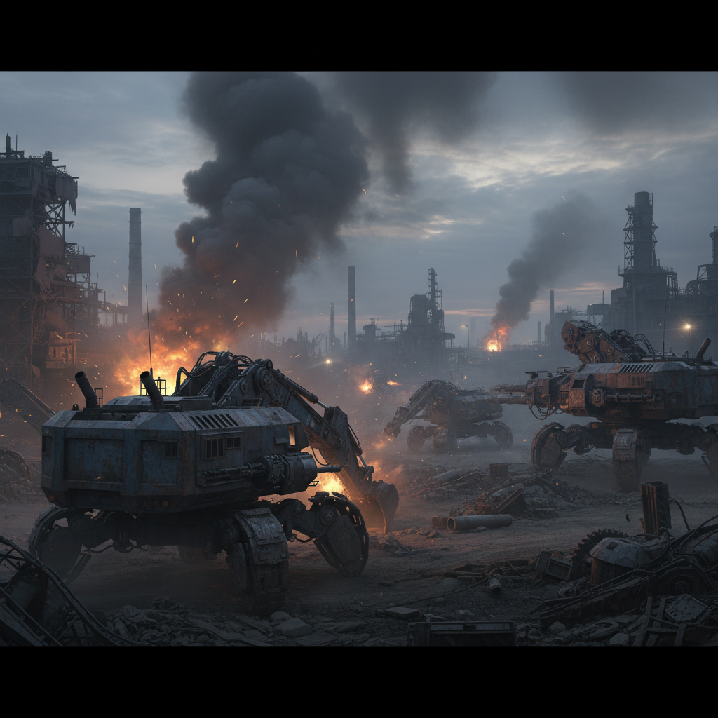 Low-key industrial setting with dark steel structures, dim amber lighting, shadowy background, cinematic and raw