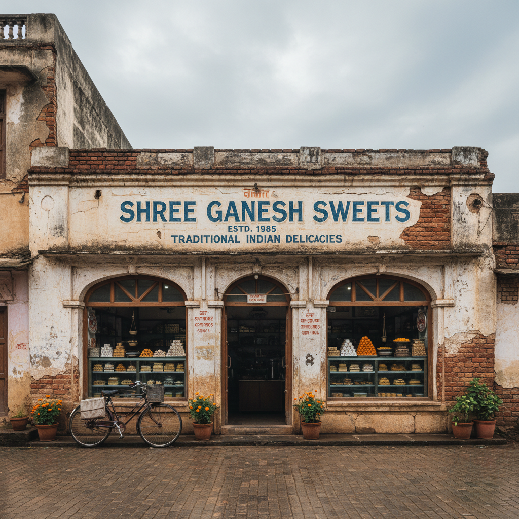 Warm traditional Indian sweet shop interior with wooden shelves filled with brass containers of colorful mithai, soft amber lighting
