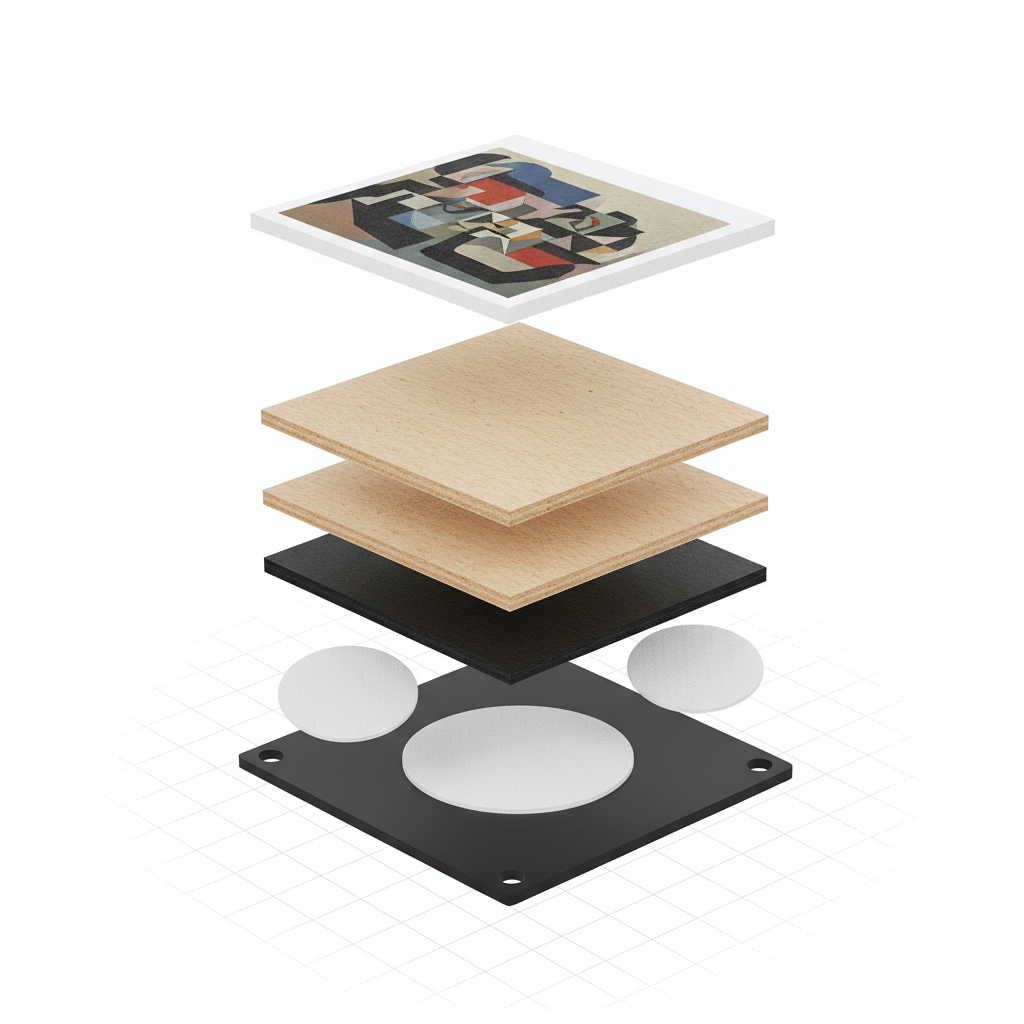 Exploded view of modular art block showing layers of MDF board, UV printed surface, and Velcro backing system