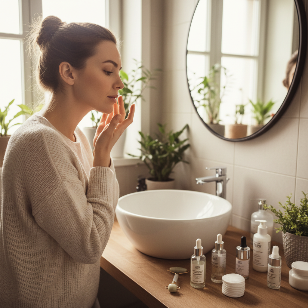 Kobieta nakładająca krem na nadgarstek w jasnym, spokojnym domowym otoczeniu, wellness i pielęgnacja