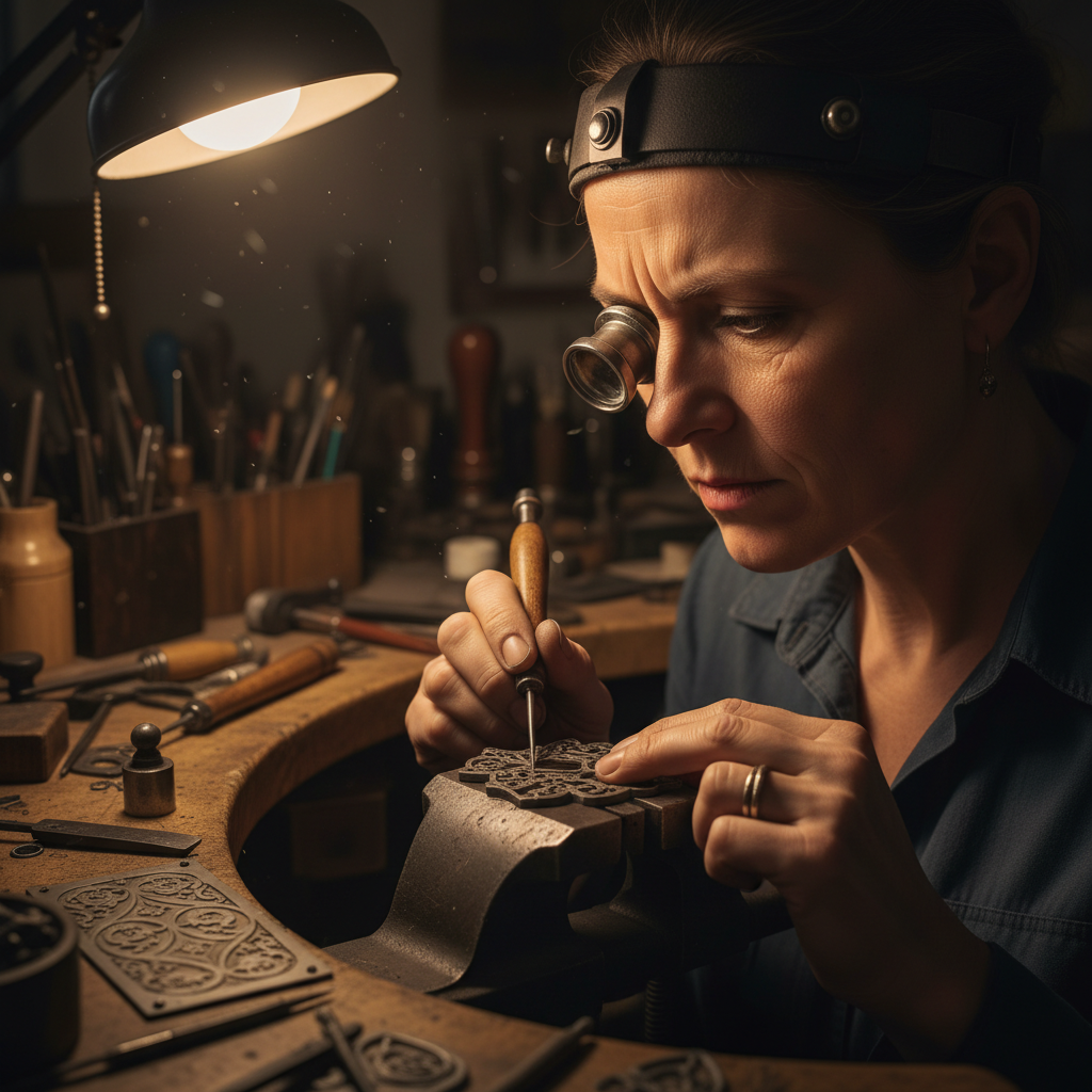 Female master engraver portrait, focused expression, workshop background, warm dim lighting