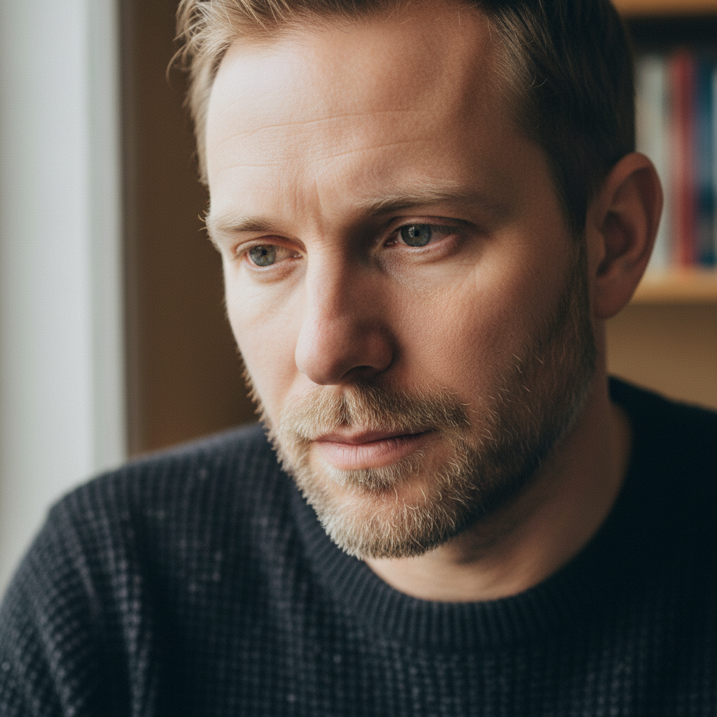 Lukas Bauer, a European man in his 30s with light stubble, looking thoughtful