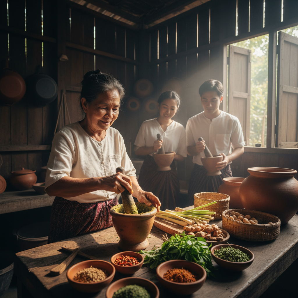 Elderly Thai woman teaching curry paste preparation in a traditional wooden kitchen, surrounded by fresh herbs and spices