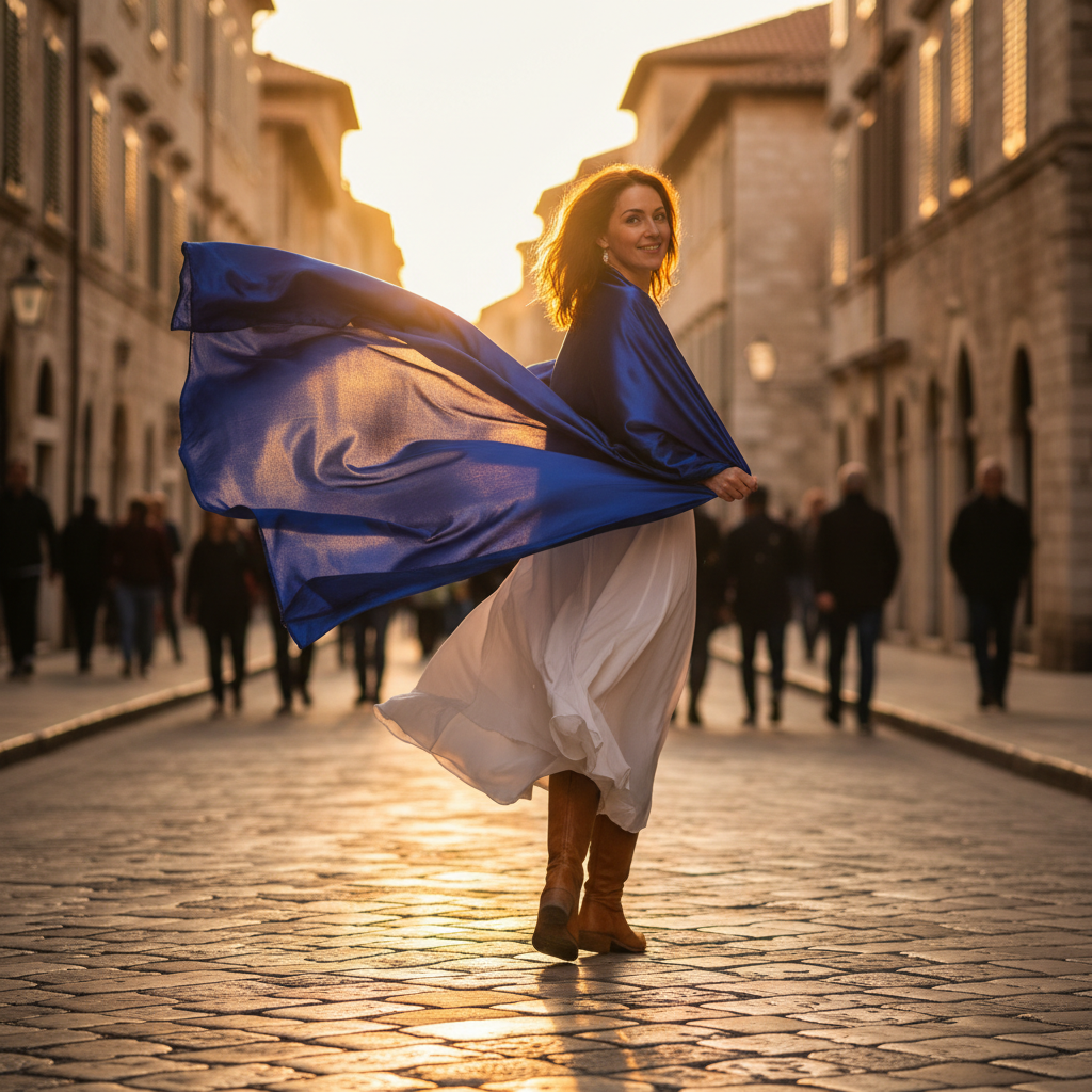 Woman mid-motion on cobblestone street, golden-hour light catching a draped silk wrap lifting from her shoulder