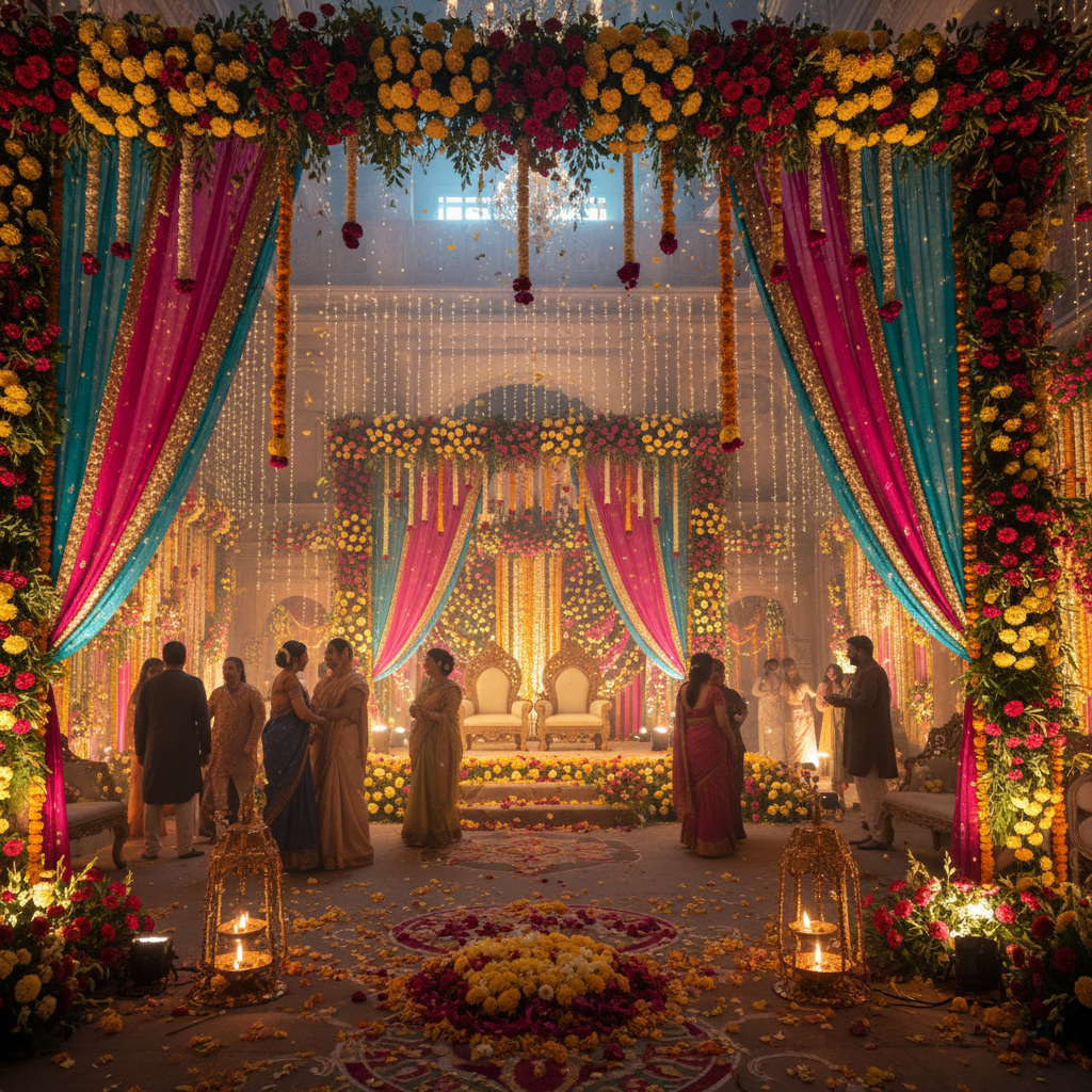 Beautifully decorated Indian wedding venue with marigold flower walls, string lights, ornate stage with gold and red decorations, elegant mandap setup