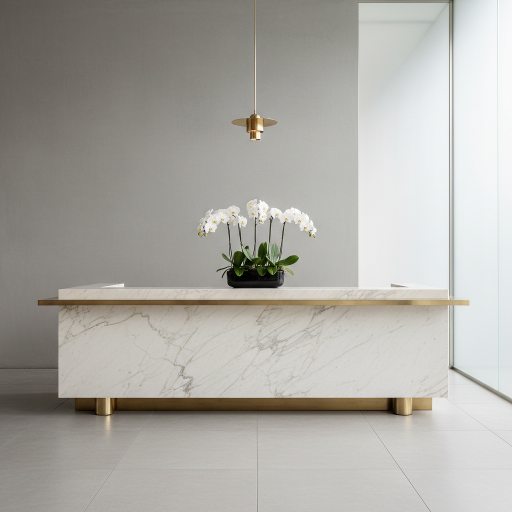 Minimalist reception desk in pale marble with brass accents and a single orchid arrangement