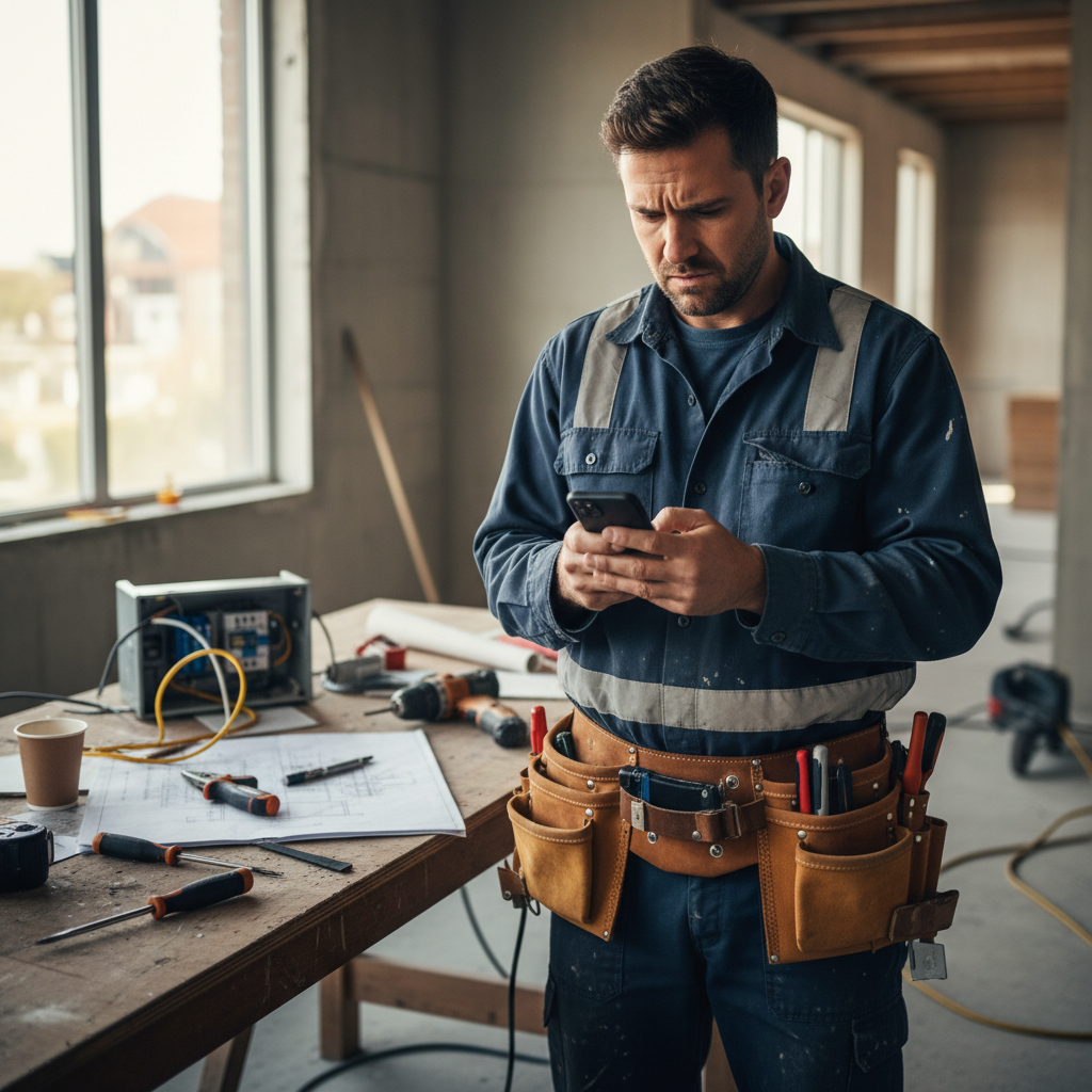 Elektriker auf der Baustelle, gestresst beim Blick aufs Handy, umgeben von Werkzeug und Papierkram
