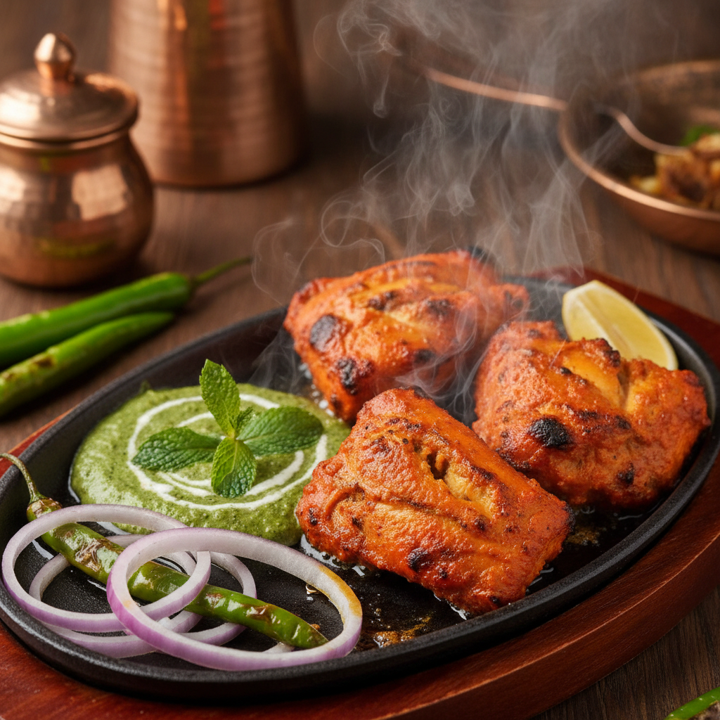 Juicy grilled chicken tandoori on a plate with mint chutney and onion rings