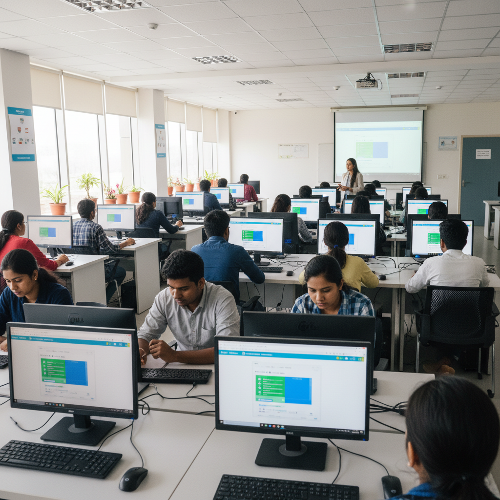Students in India collaborating with laptops in a bright modern learning space