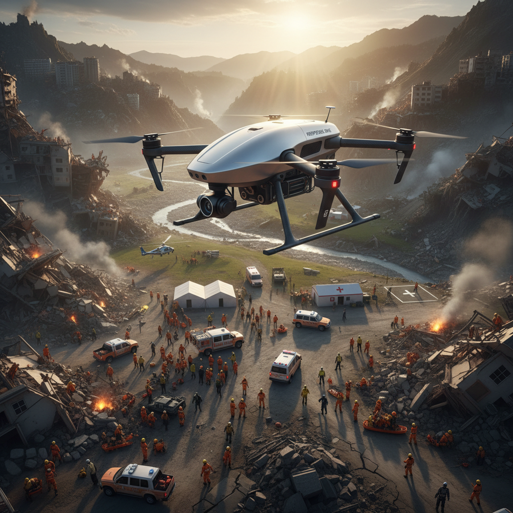 Drones flying over flooded area for disaster response mapping